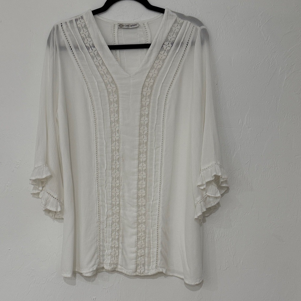Cute Options White Crochet Lace Trim V-Neck Boho Blouse 3/4 Bell Sleeve Top - Picture 2 of 7